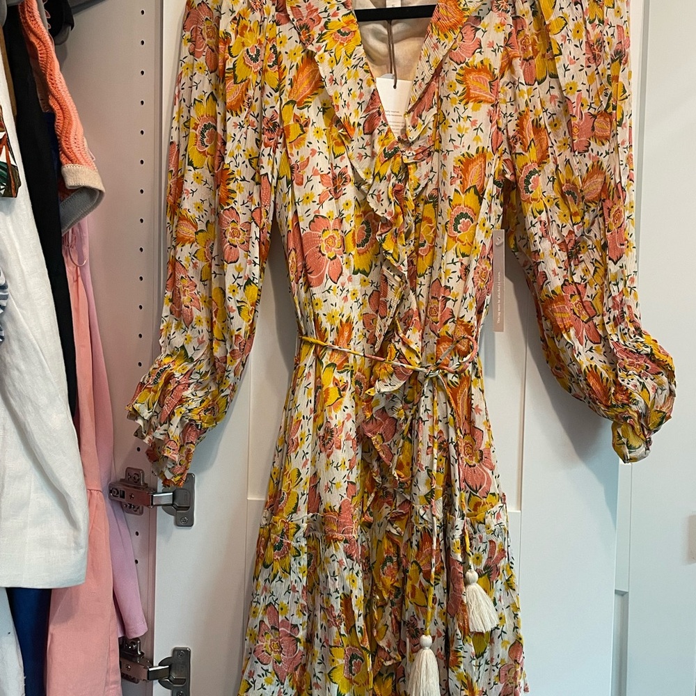 Cleobella Yellow and Orange Wrap Sundress with Bishop Sleeves